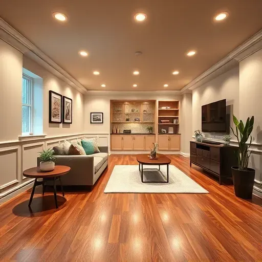 Newly finished basement in Columbus with modern design, warm lighting, polished hardwood floors, and organized space.