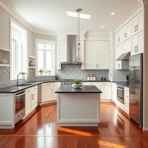 Renovated kitchen in Brice, OH featuring modern white cabinetry, dark granite counters, and stainless appliances.