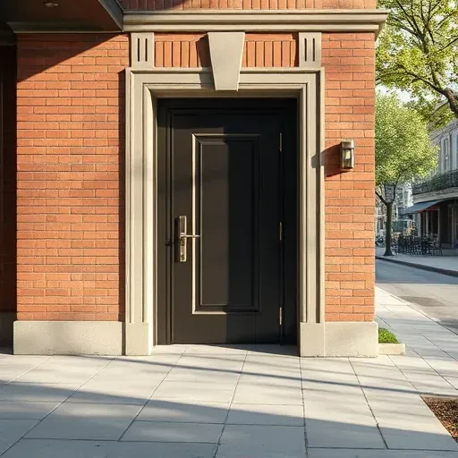 Modern high-quality entrance door in Columbus Ohio with sleek trim, brick facade, subtle hardware, and a clean urban setting