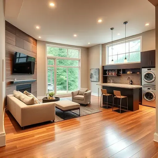 Spacious finished basement in Columbus, OH, with elegant design, modern lighting, and a cozy entertainment area.