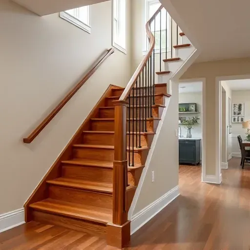 Completed modern basement staircase in Columbus Ohio with hardwood steps metal balusters and wooden handrail