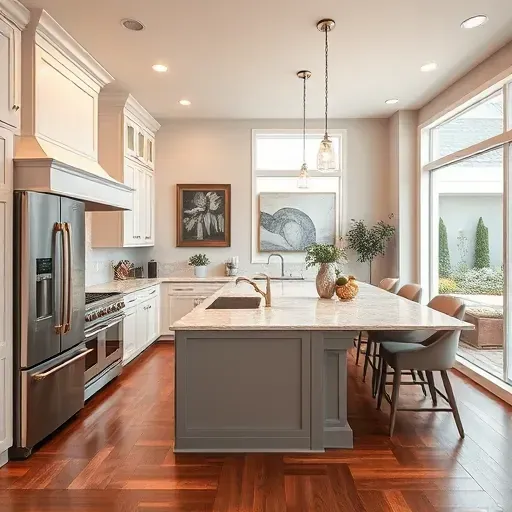 Renovated kitchen in New Albany, OH features modern appliances, elegant marble countertops, and warm lighting.