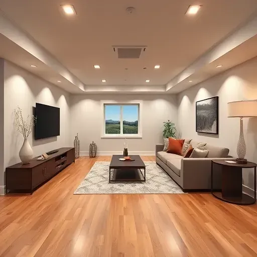 Finished basement in Columbus with modern design, polished hardwood floors, ambient lighting, and inviting living area.