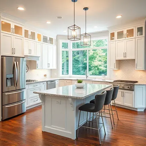 Modern kitchen remodel in Ostrander OH with white cabinetry, quartz countertops, and bright natural lighting.