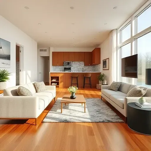 Modern renovated living room in Columbus Ohio with hardwood floors, contemporary furniture, natural light, and stylish kitchen.