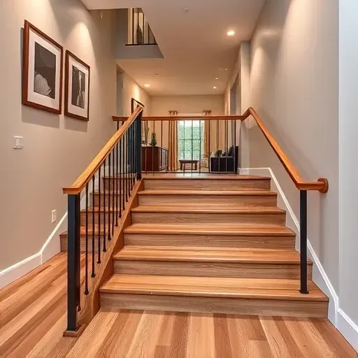 Remodeled Columbus basement staircase with hardwood steps, modern metal railings, wooden handrails, neutral walls, and stylish decor