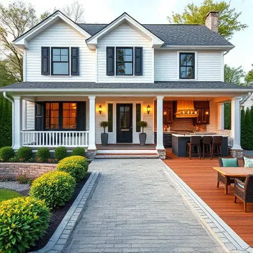 Modern farmhouse home remodel in Galena, OH with white facade, dark shutters, open living area, and landscaped yard.