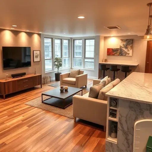 Remodeled Columbus basement with sleek hardwood floors, cozy seating, modern bar, large windows, and stylish decor.