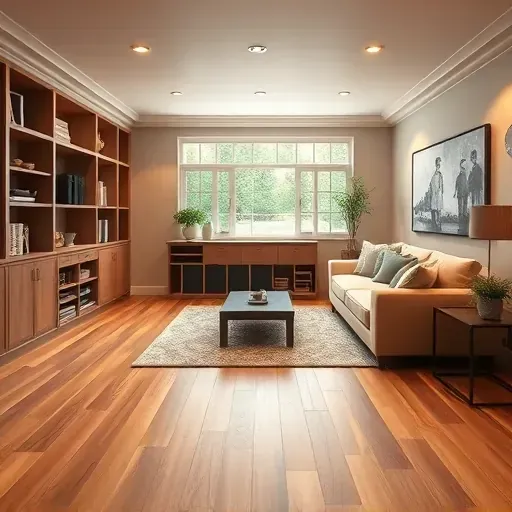 Beautifully finished basement in Columbus with warm wood flooring, built-in shelves, cozy sofa, and natural light.