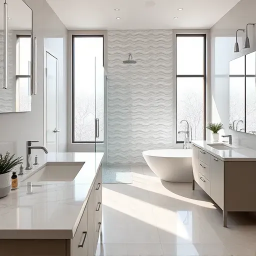 Remodeled Columbus bathroom with modern chrome fixtures, walk-in shower, freestanding tub, marble countertops, and natural lighting
