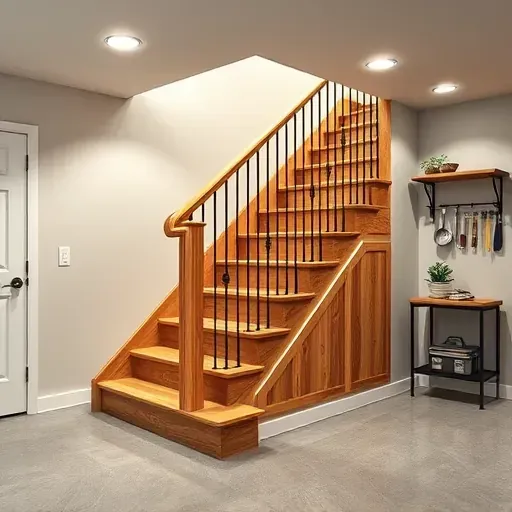 Freshly installed oak basement staircase with wrought iron balusters in a modern Ohio basement featuring polished steps and clean drywall