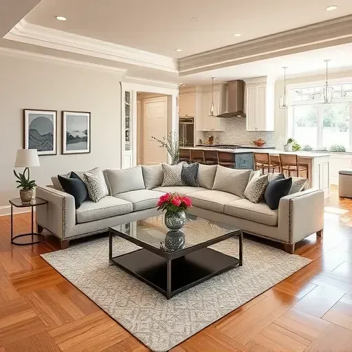 Beautifully remodeled living room in Riverlea, OH with modern-traditional design, neutral colors, and sleek furniture.