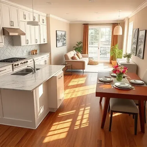 Contemporary kitchen remodel in Obetz, OH with white cabinetry, granite countertops, and natural light-filled dining area.