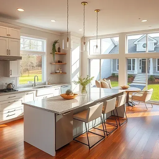 Modern kitchen in remodeled Valleyview OH home featuring sleek cabinetry, island seating, stainless steel appliances, and sunlight.