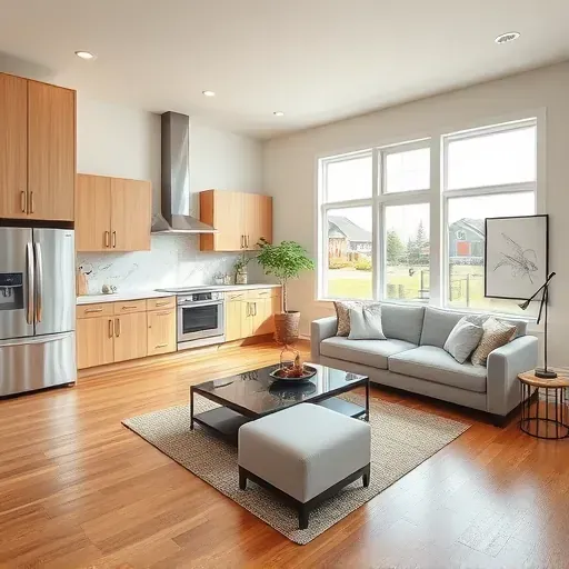 Modern remodeled kitchen and living area in Whitehall, OH, featuring sleek appliances, quartz countertops, and warm decor.