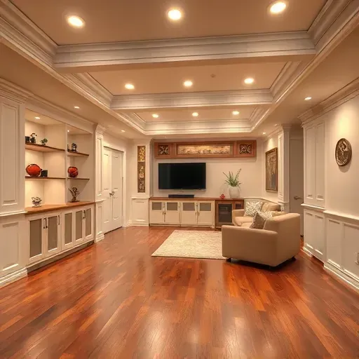 Finished basement in Columbus Ohio with hardwood floors crown molding recessed lighting plush seating and a stylish entertainment area