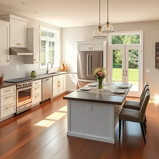 Modern kitchen in Ashville OH with natural light, sleek white cabinetry, quartz island, and geometric tile backsplash.