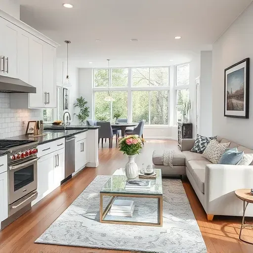 Modern open-concept kitchen and living area in Worthington OH with white cabinetry, granite island, and natural lighting.