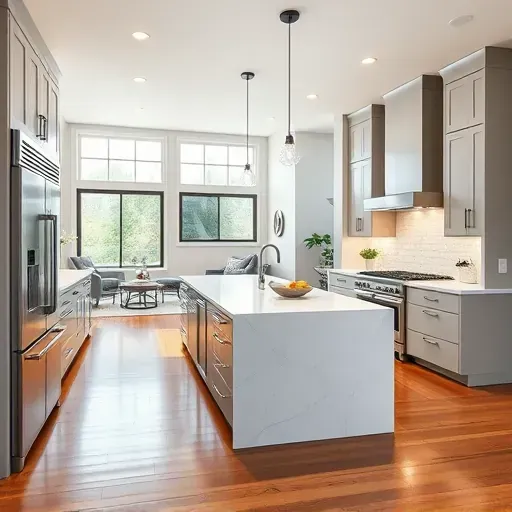 Completed home remodeling project in Pataskala OH featuring a modern kitchen with quartz countertops and polished hardwood floors.