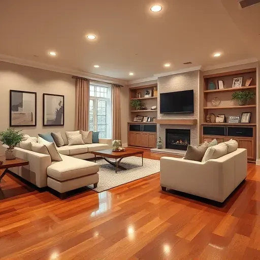 Beautifully finished basement in Columbus with modern design, featuring plush sofas, hardwood floors, and a cozy fireplace.