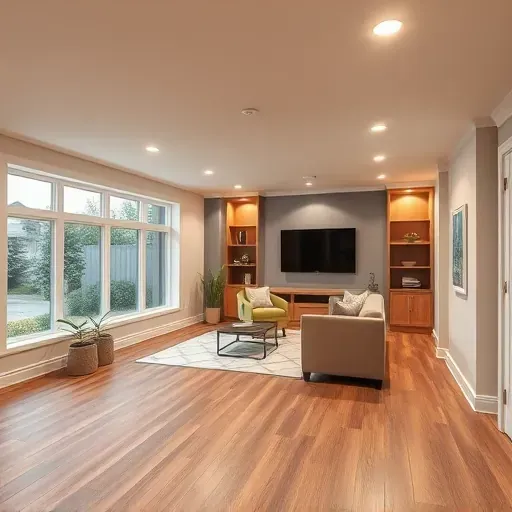 Modern finished basement with polished hardwood floors, open layout, built-in shelves, cozy seating, and natural light.
