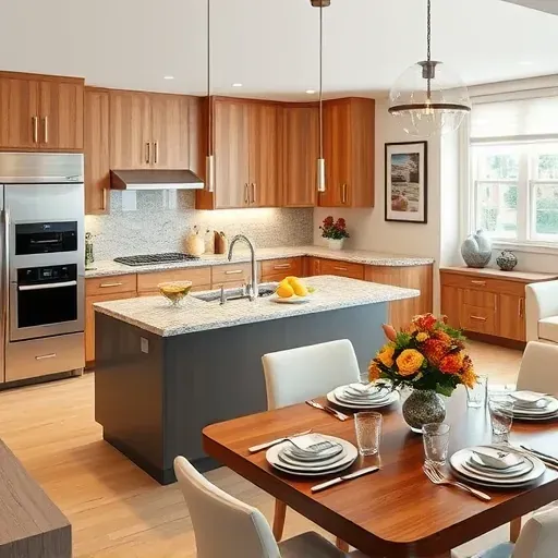 Modern kitchen remodel in Short North, OH features granite countertops, high-end appliances, and custom cabinetry with warm tones.