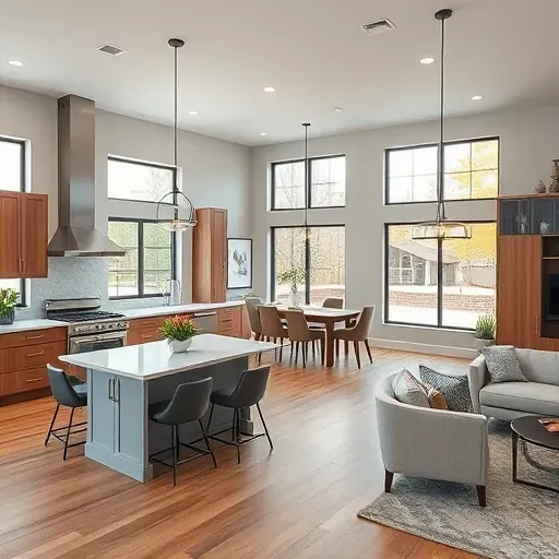 Modern open-concept living space in New Albany OH featuring a stylish kitchen, elegant furniture, and natural light.