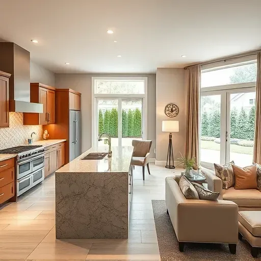 Modern kitchen and living space in Dublin, OH, showcases high-end appliances, granite countertops, and elegant decor.