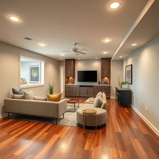 Contemporary finished basement in Columbus, featuring polished hardwood floors, modern lighting, and cozy seating area.