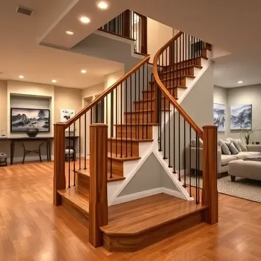 Finished basement staircase in Columbus Ohio with polished hardwood steps sleek metal handrails and elegant wooden balusters