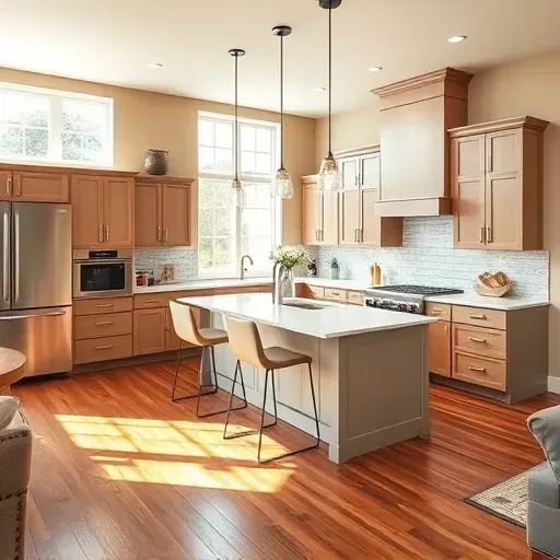 Renovated kitchen in Upper Arlington features modern cabinetry, quartz countertops, and elegant decor in natural light.