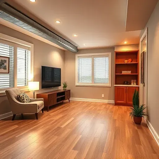 Modern Columbus basement with wood flooring, built-in entertainment, reading nook, and natural light. Elegant decor details.