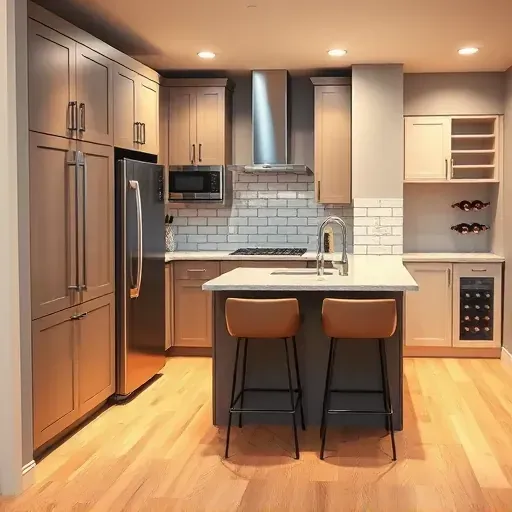 Completed modern basement kitchenette in Columbus with matte cabinets stainless appliances quartz countertop herringbone backsplash hardwood floor breakfast bar and organized utility area