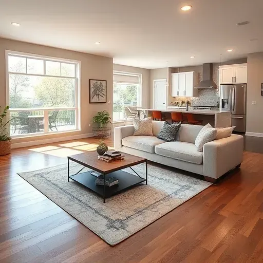 Renovated living room in Johnstown, OH with modern elegance, open floor plan, polished hardwood floors, and sleek kitchen.