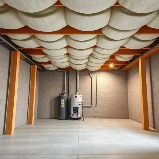 Basement insulation with foam and fiberglass installed between wooden beams in a finished Ohio basement space