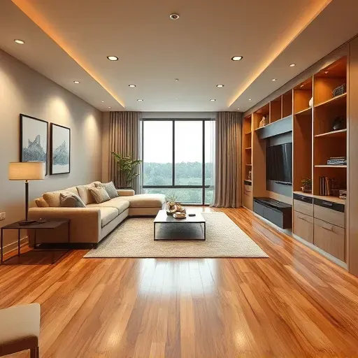 Modern basement in Columbus with hardwood floors, plush sofa, sleek shelving, built-in entertainment, artwork, plants, and soft lighting