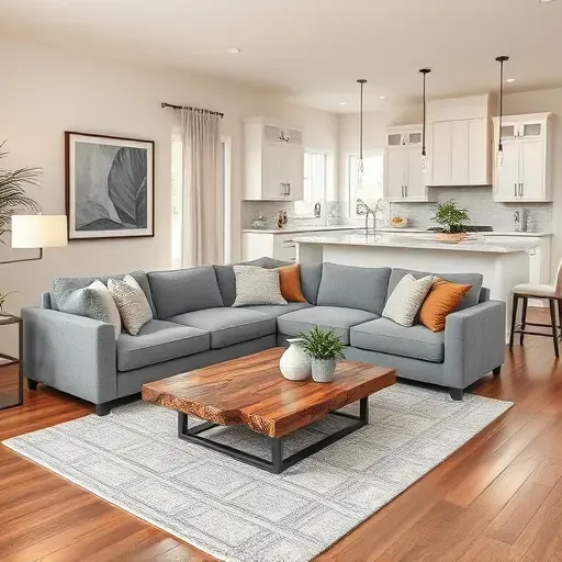 Completed home remodeling in Harrisburg OH, showcasing a cozy living room with modern elegance, gray sofa, and natural light.