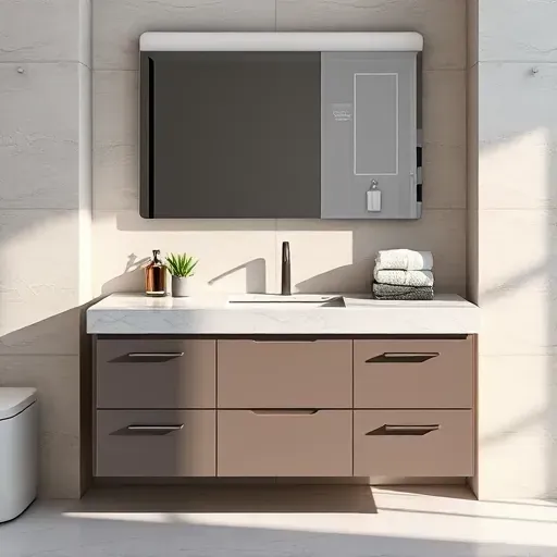 Modern upscale bathroom vanity with marble countertops matte cabinetry stylish fixtures and elegant accessories in a sleek neutral-toned setting