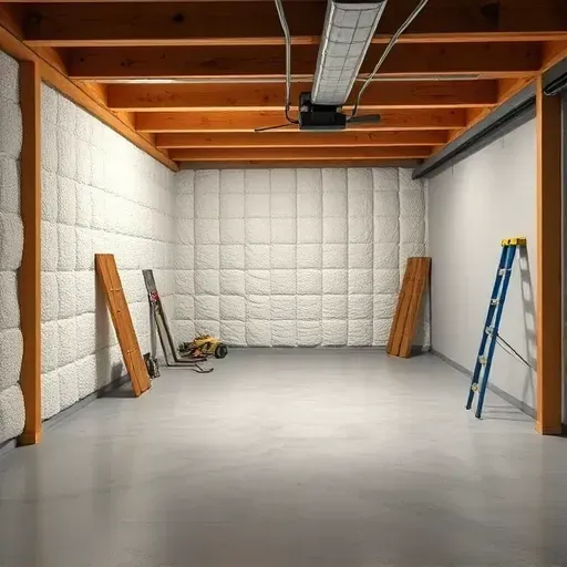 Finished basement spray foam insulation between wooden beams and on concrete walls in Columbus Ohio with organized tools.