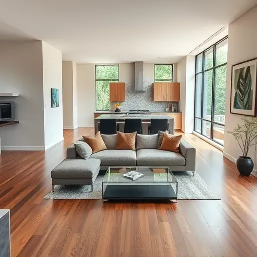 Elegant remodeled living room in Powell OH with hardwood floors, modern decor, and large windows for natural light.