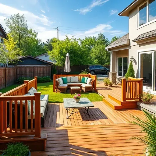 Freshly built wooden deck with railings and seating in a lush backyard of a Columbus Ohio home