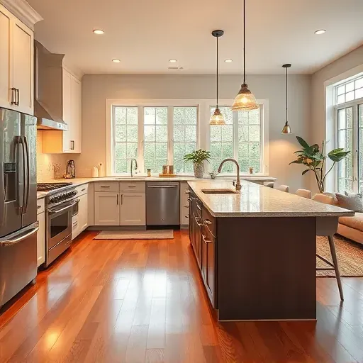 Modern kitchen remodel in Lockbourne OH features granite counters, stainless steel appliances, and open living space.