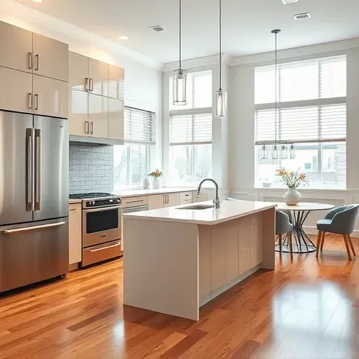 Modern Columbus kitchen with sleek cabinets, quartz island, high-end appliances, hardwood flooring, and bright natural light