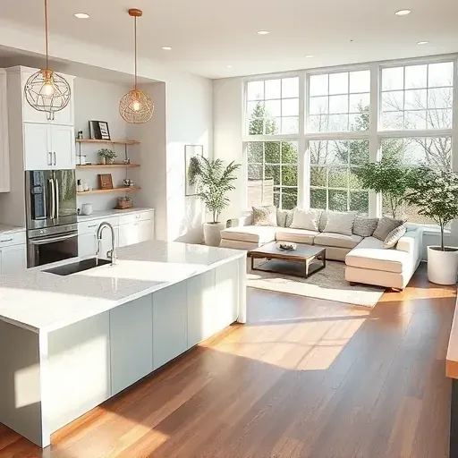 Beautifully renovated kitchen and living space in Upper Arlington Ohio with modern design and serene color palette.