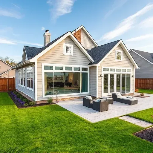 Beautiful modern home addition in Columbus Ohio with large windows lush backyard patio and detailed exterior design