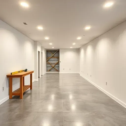 Finished basement drywall installation in Columbus Ohio with smooth walls, polished concrete floor, and organized tools