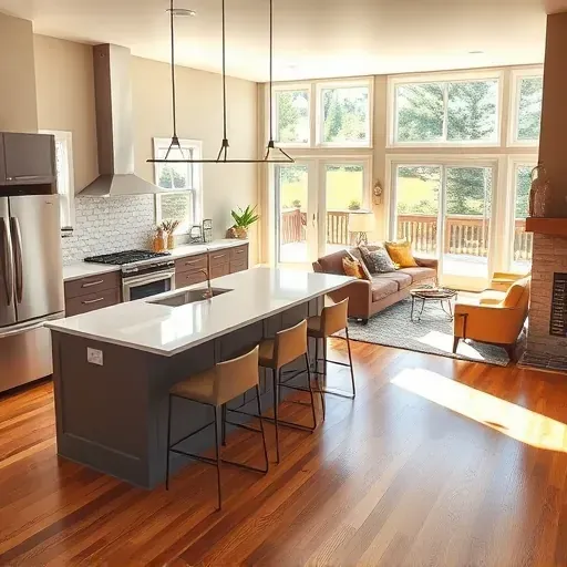 Modern kitchen and living room in Grove City, OH, featuring elegant finishes, large windows, and outdoor views.