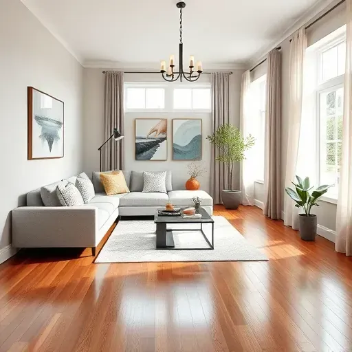 Stylish living room in Bexley OH featuring modern sofa, glass table, neutral walls, artwork, and bright windows.