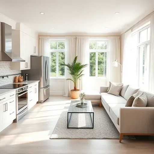 Modern kitchen remodel in Hilliard OH with sleek stainless steel appliances, quartz countertops, and inviting living area.