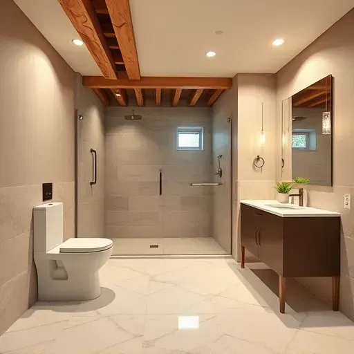 Finished basement bathroom with marble flooring, glass shower, modern vanity, neutral tiles, and warm lighting in Columbus Ohio